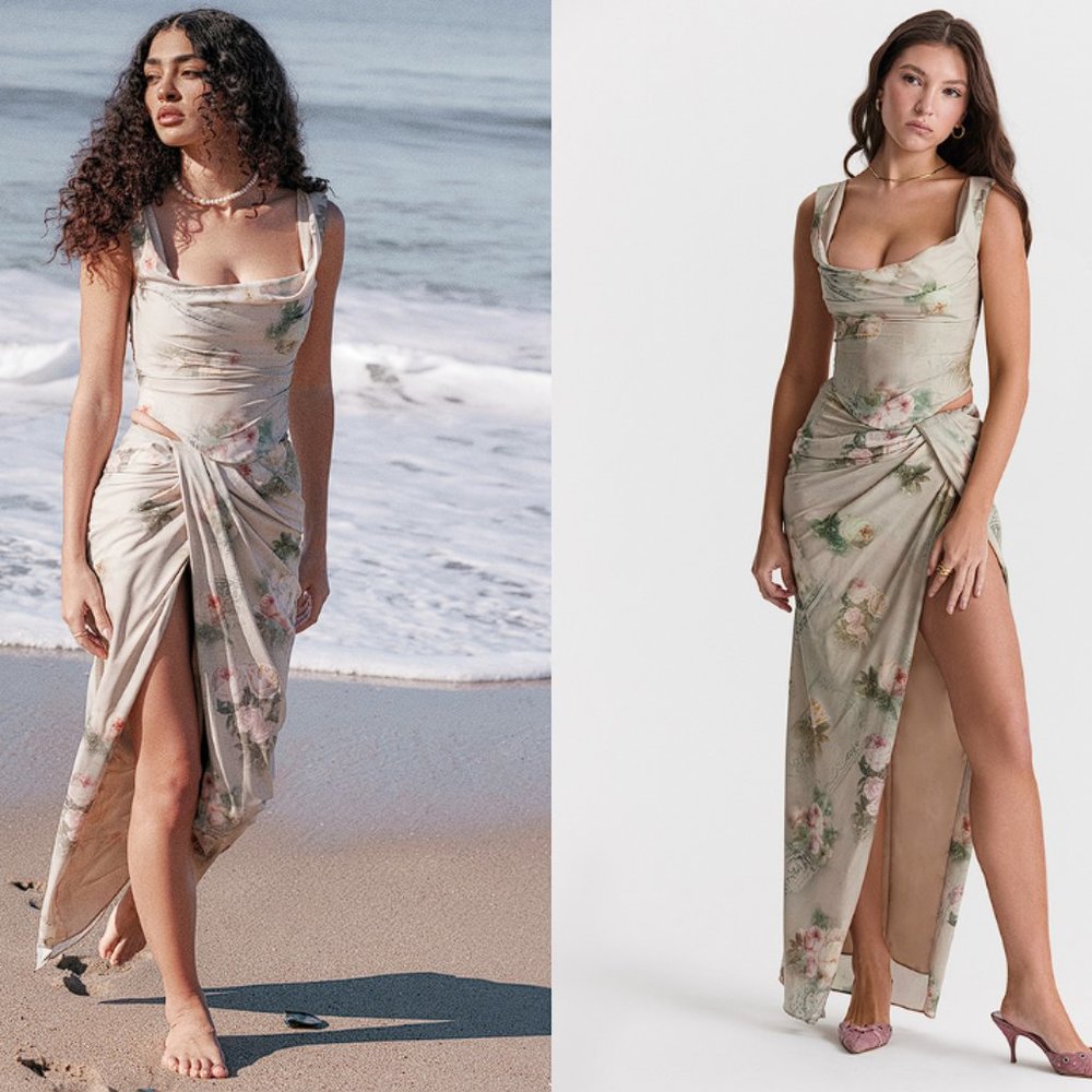 House of CB 'Vesper' & 'Una' Vintage Floral Satin Maxi Skirt Set nwot